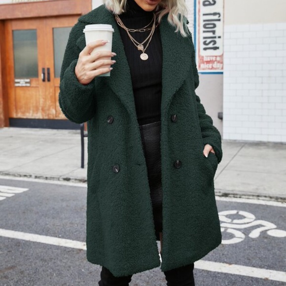 Cozy Red Oversized Teddy Pea Coat Jacket Button up Luxe - Picture 4 of 13